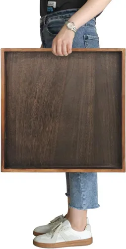 Vista 24 de Gurfuy Bandeja de madera rústica de 20 pulgadas para servir – Bandeja redonda extragrande para mesa de café decorativa de granja de gran