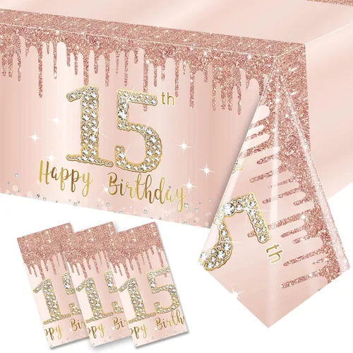 Vista 18 de Pack de 3 manteles de cumpleaños número 70 para mujer, rosado y dorado, mantel de plástico desechable rectangular para fiesta de cumpleaños número
