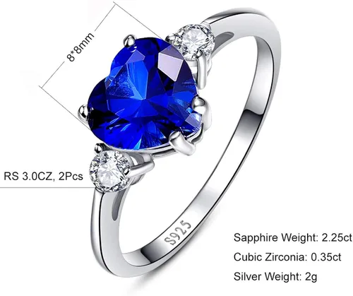 Vista 4 de BONLAVIE Anillo de compromiso de plata de ley 925 para mujer, 2.25 quilates, creado con zafiro azul, talla esmeralda verde, anillo de compromiso