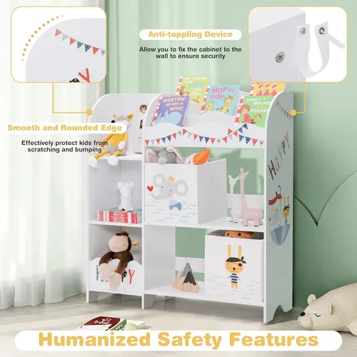 Vista 8 de HONEY JOY Organizador de almacenamiento de juguetes para niños, unidad de almacenamiento de madera con 2 cajas, estantería de exhibición para niños