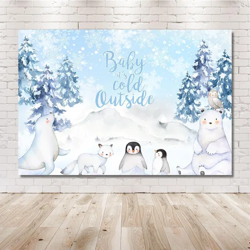 Vista 6 de MEHOFOND Telón de fondo de invierno de 7 x 5 pies para baby shower, fondo exterior con acuarela azul, animales árticos, pingüino, baby shower