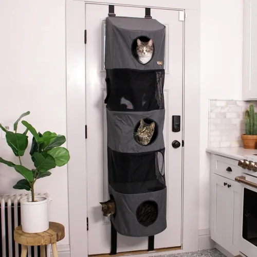 Vista 8 de K&H Pet Products Árbol colgante para gatos de 3 niveles, muebles para gatos montados en la puerta, ahorro de espacio, nivel de malla, agujeros