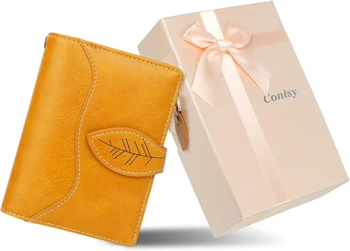 Vista 3 de CONISY Cartera pequeña para mujer, cartera compacta de cuero plegable con correa de muñeca con bloqueo RFID para mujer, Amarillo, Casual, clásico