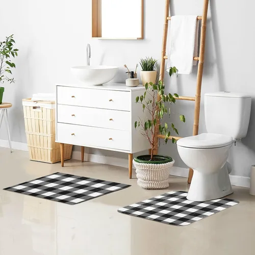 Vista 7 de Alfombra de baño a cuadros blancos y negros, suave, absorbente, lavable, alfombra de baño para piso de baño, alfombra de baño antideslizante