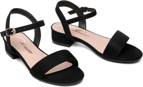 Vista 21 de Athlefit Sandalias para niñas, puntera abierta, correa en el tobillo, tacones bajos, zapatos de vestir para niñas pequeñas y grandes