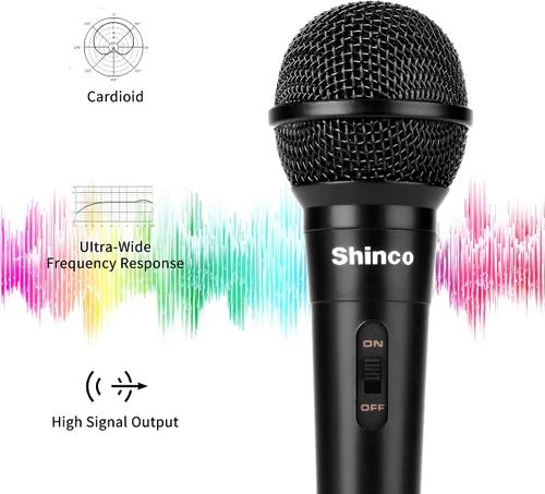 Vista 2 de Shinco - Micrófono de mano con cable, micrófono vocal dinámico cardioide con cable de 13 pies e interruptor de encendido/apagado, ideal