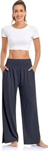 Vista 2 de UEU Pantalones de yoga de pierna ancha, para mujer, cintura alta, ajustables, con lazo, informales, holgados, talla extragrande, con bolsillos