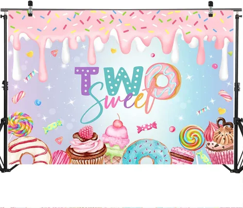 Vista 3 de Mocsicka Donut Two Sweet - Telón de fondo para decoración de segundo cumpleaños de niña, 2º cumpleaños, edad de dos dulces con purpurina, postre