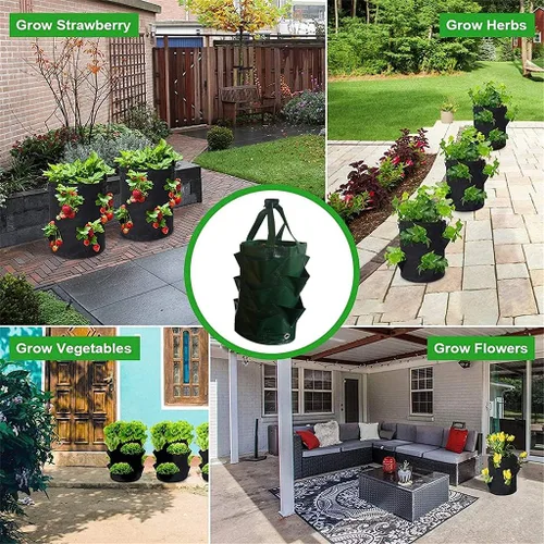 Vista 4 de 3 piezas de bolsas colgantes para macetas con asas, contenedores colgantes de plástico para plantación de fresas, bolsas de cultivo plegables