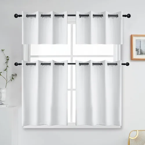 Vista 5 de YGO Cenefas de cortina de ventana blancas con ojales en la parte superior, cortinas pequeñas para cocina y baño, oscurecimiento de la habitación