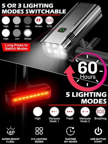 Vista 3 de Luces de bicicleta de alto lúmenes delanteras y traseras para conducción nocturna, 10,000 mAh USB recargable 6 luces LED para bicicleta, 5+5 modos
