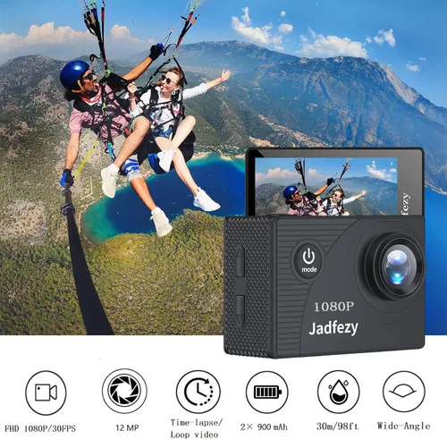 Vista 2 de Cámara de acción FHD 1080P 12MP, 98FT/30M Cámara impermeable subacuática con 2 baterías, cámara deportiva gran angular con kit de accesorios