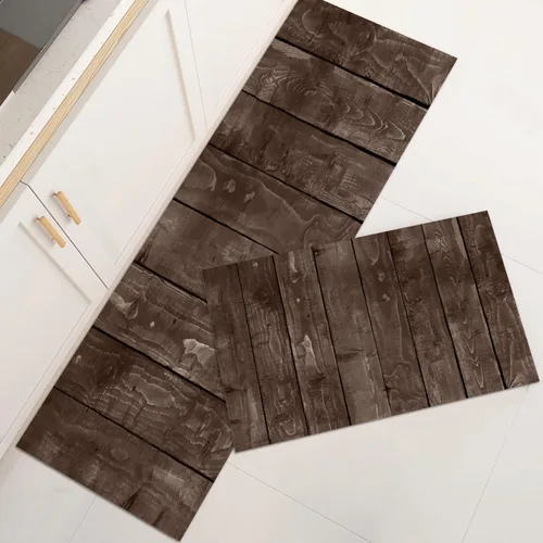 Vista 27 de GUBIYU Juego de 2 alfombras y tapetes de cocina de madera campestre, lavables, rústicas, tablones de madera marrón, alfombras de baño
