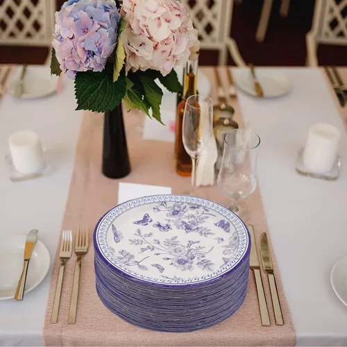 Vista 6 de 40 piezas de suministros de fiesta de flores azules y blancas florales blancas y azules platos de papel florales de 7 pulgadas, platos de fiesta