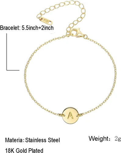 Vista 7 de Pulsera de acero inoxidable chapada en oro de 18 quilates, pulsera personalizada con dije de letra, pequeño disco delicado con monograma, pulsera