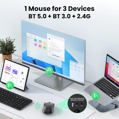 Vista 2 de TECKNET Ratón Bluetooth recargable, [USB y BT5.0/BT3.0] Ratón inalámbrico Negro
