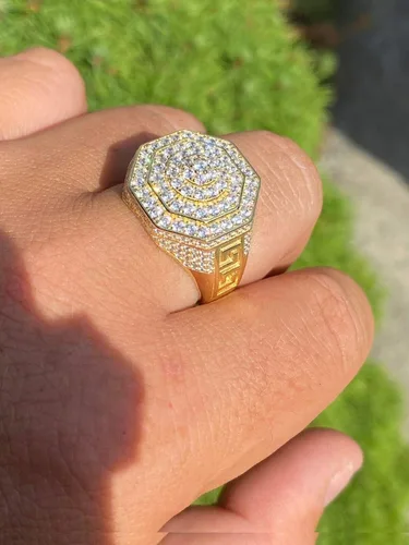 Vista 6 de Men's Real Solid 925 Sterling Silver Octagonal Hip Hop Ring - 14k Gold Plated - Super Iced Large Flooded Out Pinky Ring - Sz 7-13