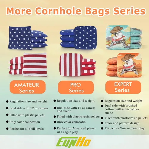 Vista 7 de EunHo Pro Cornhole Bags Set of 8 Dual Sided Slick and Stick - Competition Vaca/Águila