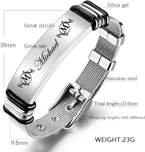 Vista 2 de LoraPetid Pulseras personalizadas para hombres, pulseras de acero inoxidable grabadas con fotos y texto, pulseras de joyería personalizadas