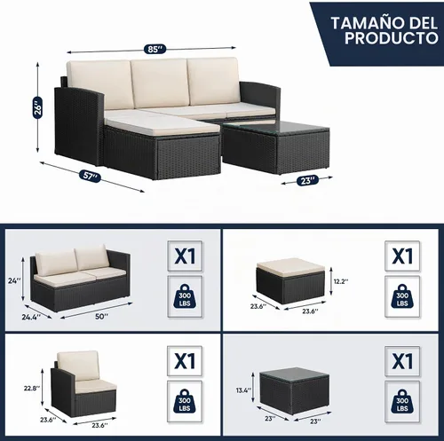 Vista 6 de Greesum Juego de muebles de patio de 3 piezas para exteriores, sofá modular de mimbre con asiento ajustable, cojines suaves y mesa auxiliar