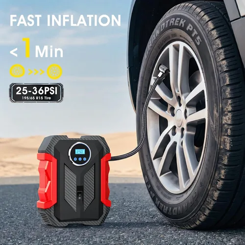Vista 3 de Compresor de aire digital para bomba automática de coche, inflador de neumáticos portátil con luz LED DC 12V, rojo
