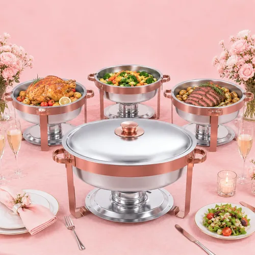 Vista 10 de IMACONE Juego de Bandejas Calentadoras de Buffet 4 Piezas, 5QT Redondas de Acero Inoxidable con Tapa de Vidrio para Catering, Conjuntos