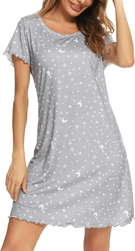 Vista 2 de Roojaa Camisón de manga corta para mujer, con cuello redondo, con volantes, cómodo camisón