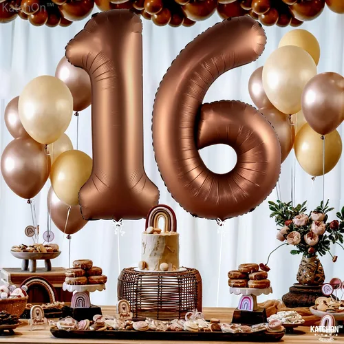 Vista 3 de KatchOn Globo marrón café con el número 16 de 1 pieza, 40 pulgadas, decoraciones de cumpleaños para niñas y niños Globo marrón café número 16 de 1