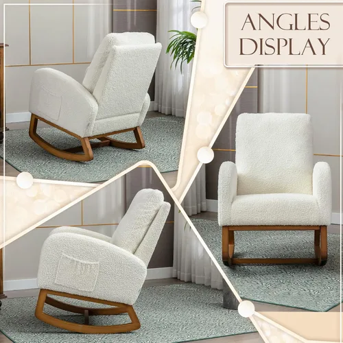 Vista 7 de Comfy - Silla mecedora tapizada para guardería o relajación, sillón de sala de estar con respaldo alto, mecedora moderna con bolsillo lateral