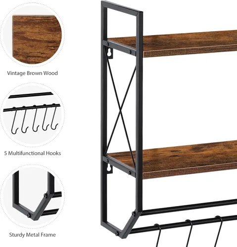 Vista 4 de Toallero de baño de 2 niveles con toallero, toallero rústico con estante para almacenamiento de pared con ganchos sobre estante de inodoro, estante