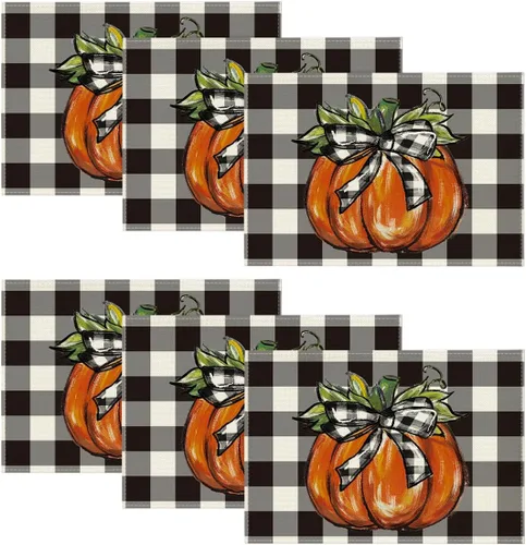 Vista 8 de Artoid Mode Juego de 4 manteles individuales de otoño con diseño de calabaza a cuadros de búfalo de 12 x 18 pulgadas para decoración de fiestas