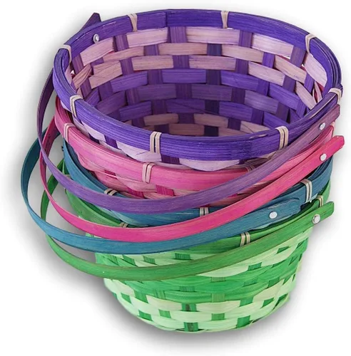Vista 2 de Cestas de Pascua con mango con bisagras, bambú tejido redondo (morado, rosa, verde, azul) - Paquete de 4
