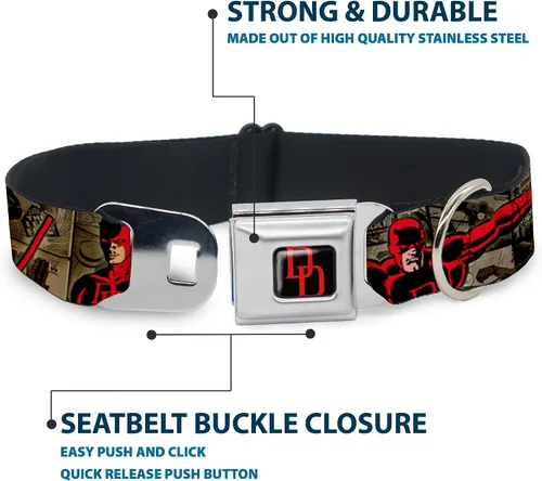 Vista 4 de Buckle-Down DAREDEVIL - Collar de perro con hebilla de cinturón de seguridad, posturas de acción, paneles cómics, grises/rojo, 1 pulgada de ancho