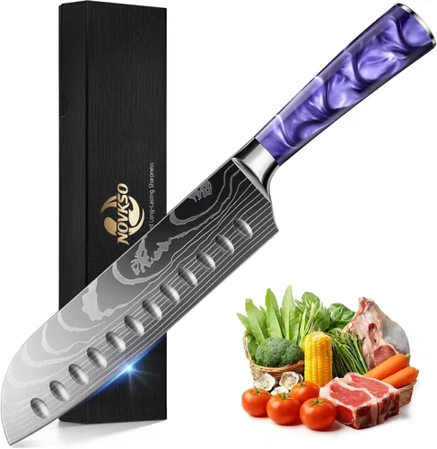 Vista 8 de Cuchillo Santoku de 7 pulgadas, diseño bonito, acero de alto carbono Negro