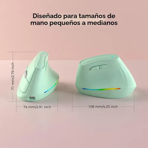 Vista 5 de KYSONA Ratón ergonómico inalámbrico de 57°, mouse vertical, mouse de túnel carpiano, luz RGB, recargable, Bluetooth y 2.4G, ajuste DPI de 5 niveles
