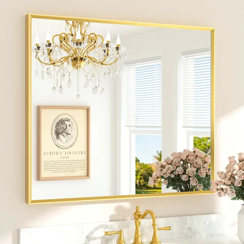Vista 49 de TETOTE Espejo de baño dorado cepillado de 20" x 30", espejo de tocador de baño rectangular de latón dorado cepillado con marco biselado para sobre