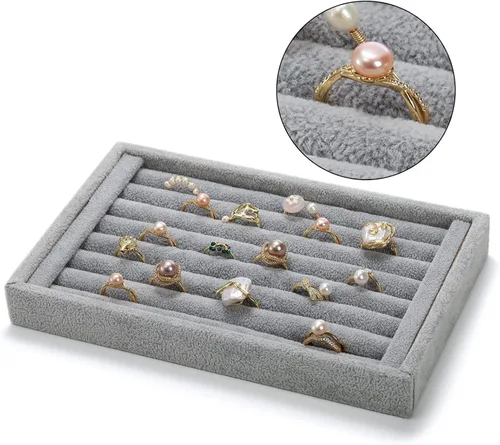 Vista 3 de Foraineam Paquete de 4 bandejas de terciopelo con 7 ranuras para aretes, vitrina, soporte para cajones, organizador de almacenamiento de joyas