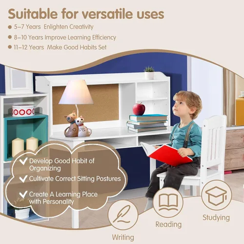 Vista 2 de Costzon Juego de escritorio y silla para niños, escritorio de estudio para niños con silla, gabinete, almacenamiento, cajones, estantes, tablero