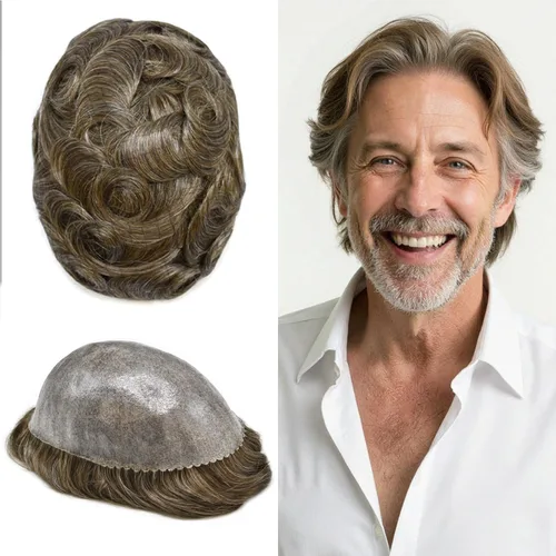 Vista 181 de Toupee para hombre 100% cabello humano real tupé para hombres 0.004 in piel de poliuretano para hombre, sistema de reemplazo de piezas de pelo