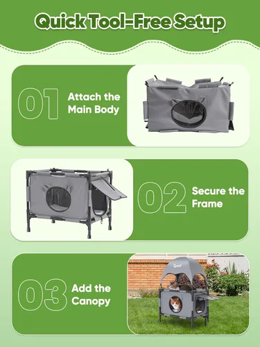Vista 7 de Rywell Casa elevada para gatos al aire libre de 2 niveles con toldo, plataforma elevada de varios niveles, casa exterior para gatos con malla
