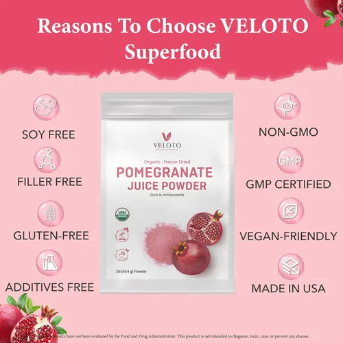 Vista 4 de VELOTO - Jugo de granada orgánico en polvo, 1 libra, liofilizado, antioxidante, sin azúcar añadido, sin azúcar, sin OMG, vegano, para batidos, jugos