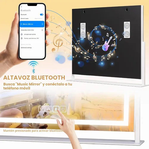 Vista 2 de Hasipu Espejo de tocador con luces y altavoz Bluetooth, espejo de maquillaje LED de 24 x 20 pulgadas, espejo iluminado con aumento de 10X, puerto