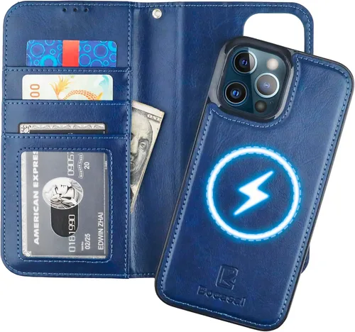 Vista 13 de Bocasal Funda tipo cartera desmontable para iPhone 13 Pro Max con bloqueo RFID, ranuras para tarjetas, soporte de cuero PU premium, soporte