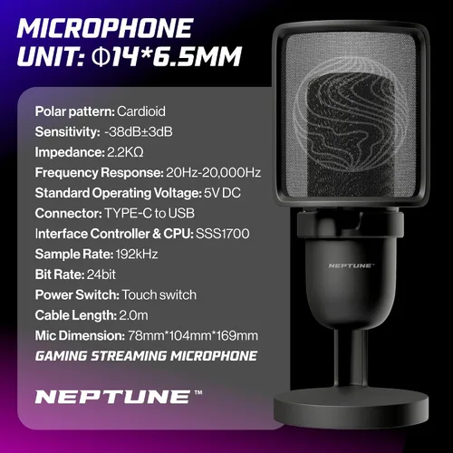 Vista 7 de Neptune Sonus - Micrófono para juegos Micrófono de transmisión con filtro pop para claridad vocal Micrófono de escritorio para transmisión, Negro