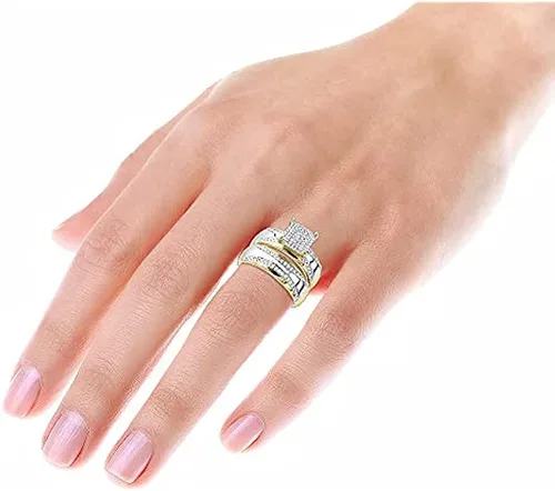 Vista 3 de Juego de anillos de compromiso de diamantes de corte redondo DVVS1 para él y para ella, plata de ley 925 chapada en oro de dos tonos de 14 quilates