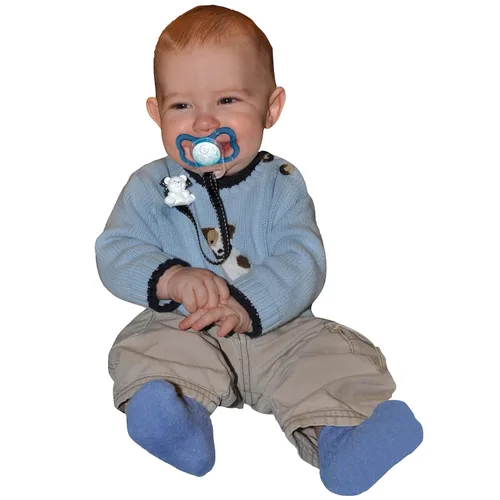 Vista 6 de Baby Buddy Paquete: un clip universal para chupete -costuras azul-blancas y un clip para babero para bebé, azul, mantiene el paci cerca y limpio