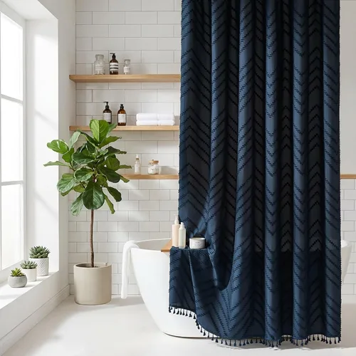Vista 68 de Cortina de ducha Siiluminisoy de 36x72 beige, cortina de ducha de tela de tamaño pequeño, cortinas de ducha de tela con tufting, diseño chevron a