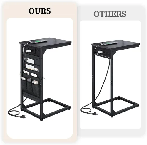 Vista 3 de Mesa auxiliar en forma de C con estación de carga rápida, mesa lateral pequeña para sofá con bolsa de almacenamiento, bandeja de TV para sofá