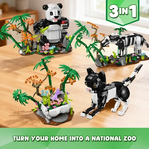 Vista 6 de HiWEEGO Juego de construcción de animales salvajes 3 en 1 - Figuras de animales con 3 opciones de construcción Panda Gato Cebra, juguete de bloques
