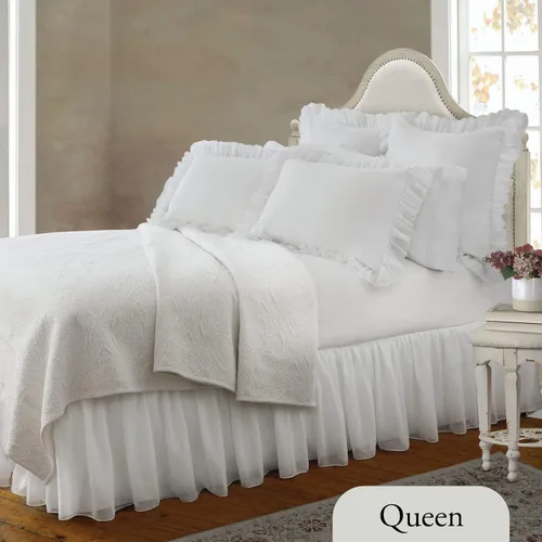Vista 2 de Belles & Whistles Falda de cama con volantes de doble gasa, con capas de algodón, longitud de caída de 15 pulgadas, Queen, color blanco